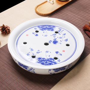 青花瓷双层储水大号12寸圆形陶瓷茶盘嵌入式蓄水茶台
