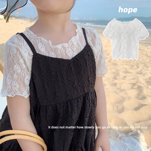 女童夏季短袖白色全蕾丝打底衫修身内搭花边宝宝女孩中大童上衣软