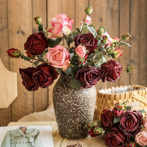在野 焦边保加利亚玫瑰花仿真花客厅餐桌假花摆件插花装饰花摆设