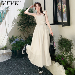 vfvk吊带连衣裙女夏季新款法式小众裙子收腰背心高个子长裙到脚踝