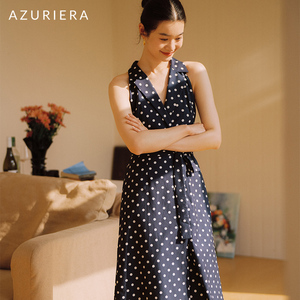 AZURIERA法式复古波点深蓝色连衣裙深V西装领简约经典亲肤新款