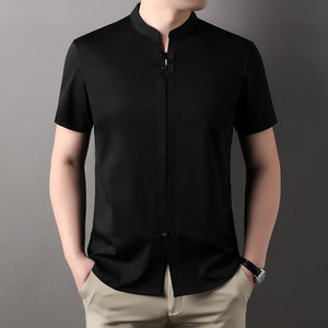 新中式纯棉名牌t恤男短袖衬衫夏盘扣中国风唐装中年男士立领衬衣