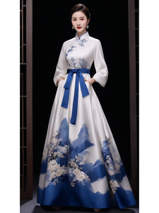 中式女装中国风白蓝色山水画系带配大衣连衣裙子女秋冬季2023新款