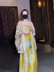 夏装搭配一整套中国风唐装新中式禅意黄色吊带连衣裙子两件套装女
