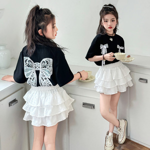 女童短袖短裙套装2024新款韩版蝴蝶结长款T恤蛋糕裙甜酷夏装跳舞