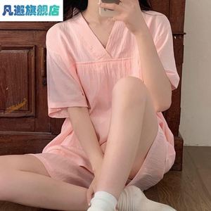 2023家居服女年汗衣蒸服纱布胸垫短袖新款睡衣夏季自带纯棉桑拿浴