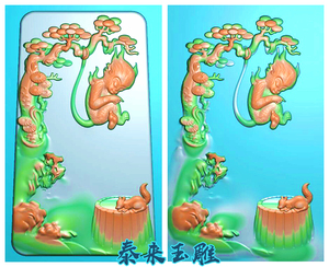 山水生肖猴子水井猴松鼠挂件精雕图浮雕玉雕灰度图JDPBMP电脑雕刻