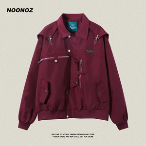 NOONOZ红色棒球服外套男美式高街设计感嘻哈秋季复古翻领飞行夹克