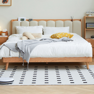 实木软包床北欧原木卧室简约白色科技布琴键床主卧橡木置物双人床