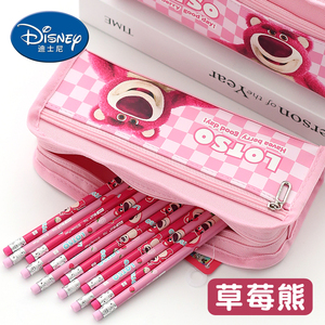 正品Disney迪士尼草莓熊笔袋女孩双层超大容量文具盒女生2023年新款铅笔盒ins高颜值小学生专用文具袋铅笔袋