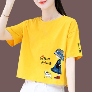 黄色短款短袖t恤女宽松2024夏季新款纯棉显瘦卡通洋气体恤上衣潮
