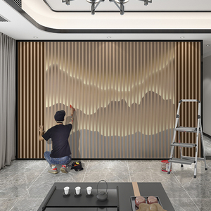 现代新中式木格栅墙纸山水造型装饰壁画客厅电视背景墙布茶室壁纸
