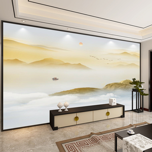 新中式抽象金色山水轻奢电视背景墙纸8D客厅卧室现代装饰影视壁布