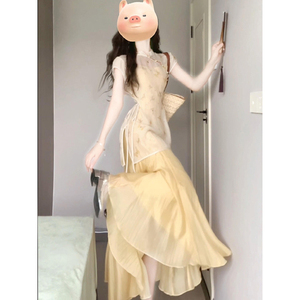 新中式黄色碎花盘扣改良旗袍连衣裙女夏季中国风裙子长裙两件套装
