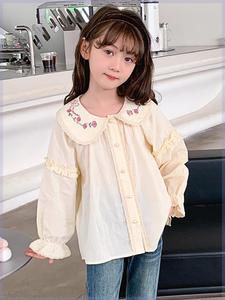 春装女童新款纯棉衬衫韩版娃娃领洋气绣花边学生少女甜美长袖上衣