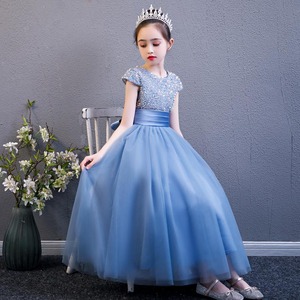 蓝色在逃公主裙生日女童礼服高端花童婚礼儿童钢琴演奏演出主持人