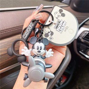正版迪士尼可爱米老鼠米奇钥匙扣旋转复古飞机钥匙链情侣背包挂件