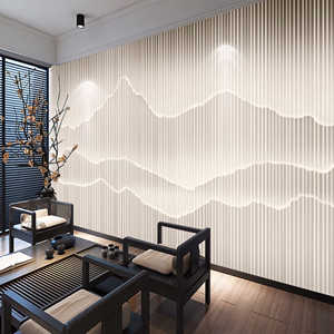 新中式发光假山屏风木格栅墙纸茶室山形背景墙木纹原木色木条壁纸