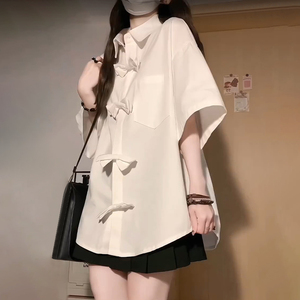 新中式短袖白色衬衫女2024夏季新款上衣春秋款衬衣外套设计感小众