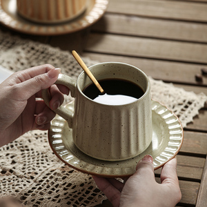 日式复古做旧窑变咖啡杯陶瓷马克杯精致杯碟套装家用竖纹茶杯杯子