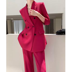红色休闲西装套装女2024新款夏薄款职业气质通勤高级感阔腿裤西服