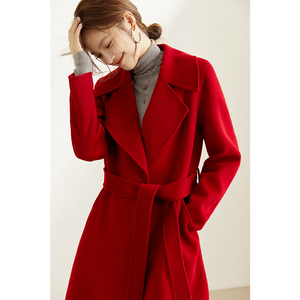 红色双面羊绒大衣女中长款2023年新款秋冬季高端长款结婚毛呢外套