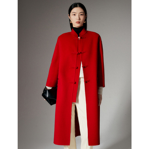 红色双面羊绒大衣女中国风盘扣高端气质显瘦毛呢外套2023复古唐装