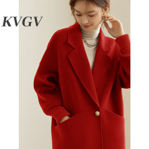 红色双面羊绒大衣女中长款2023年新款秋冬季高端短款西装毛呢外套