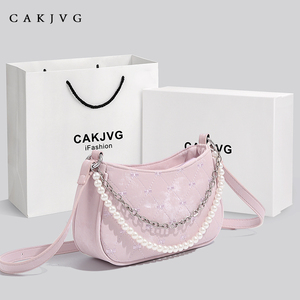 CAKJVG韩版小众设计包包女2024新款刺绣珍珠链条小方包单肩斜挎包