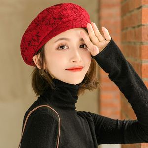 洋气好看的帽子女新年镂空本命年大红色气质贝雷帽韩版八角帽纯色