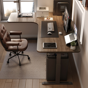 wzo简约家用实木黑胡桃转角升降书桌L型电动电脑桌拐角办公桌