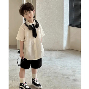 男童夏装套装2024新款儿童学院风衣服女童黑白领带衬衫两件套礼服