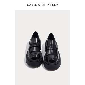 CALINA&KTLLY黑色厚底乐福鞋女2022年新款小皮鞋女冬季加绒单鞋