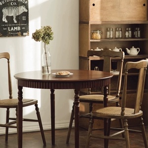 美式北美黑胡桃木圆桌复古实木圆形法式餐桌中古小户型原木饭桌