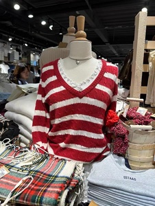 Brandy BM圣诞红白条纹毛衣bm麻花套头针织衫上衣女百搭氛围感秋