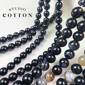 Cotton【缠丝黑玛瑙】线条黑色天然石玉髓圆珠串珠DIY手链配件