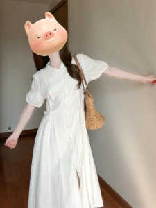 日系学院风初恋白色衬衫连衣裙女夏季收腰显瘦温柔风法式气质长裙