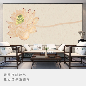 现代简约新中式独秀墙布刺绣背景壁布荷花轻奢客厅定制壁画直销