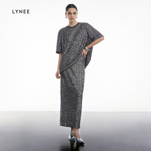 LYNEE 重工繁星亮片垫肩短袖女高腰直筒长款半身裙礼服半裙