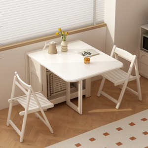 奶油风全实木折叠餐桌椅可伸缩移动小户型家用法式电磁炉岩板饭桌