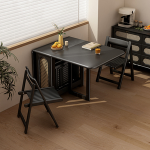 黑色长方形实木岩板折叠餐桌可伸缩小户型家用轻奢隐形电磁炉饭桌
