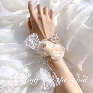 新款新娘花朵手腕花结婚伴娘婚礼姐妹团手花豪华蕾丝白色丝带超仙