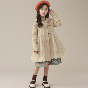 女童风衣2023新款春秋洋气公主女孩外套中长款韩版时髦蕾丝上衣