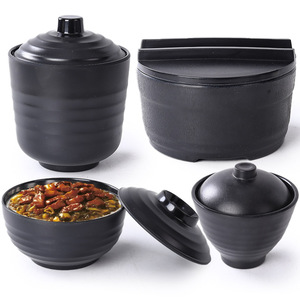 仿瓷黑色磨砂日式泡面碗有盖碗汤盅木桶饭碗餐具快餐专用碗商用