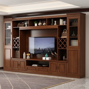 中式实木电视组合背景墙柜客厅家用储物一体多功能酒柜书柜影视柜