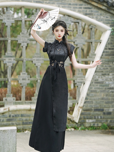 时尚超仙气质高腰连衣裙黑色提花短袖长裙女中式改良开叉国风旗袍