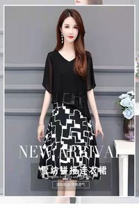 韩版雪纺连衣裙大码新款时尚气质显瘦假两件连体裙减龄妈妈a字裙