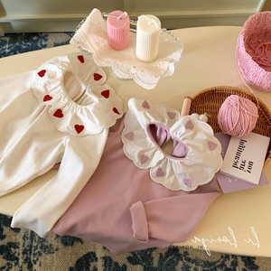 韩版童装 女童秋季新款刺绣花朵爱心娃娃领纯色长袖打底衫