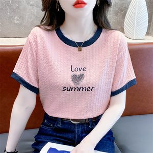 重工钉珠刺绣撞色短袖T恤女2024年夏季新款韩版宽松显瘦圆领上衣