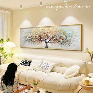 客厅装饰画轻奢高档油画彩绘发财树沙发背景墙挂画横版大幅墙壁画